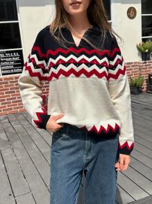 Jouncy Suéter holgado de mujer de estilo casual con contraste de color y hombros caídos, adecuado para otoño