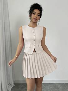 Elenzga 1 Set Solid Front Button Round Neck Sleeveless Top And Pleated Skirt Elegant Outfits - Multicolor - View 3