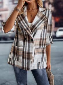 Chiquease Plaid Office Minimalist Jacket For Ladies Fall Cloth For Women - Coffee Brown - View 4