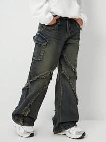 Teenager Jungen Y2K lässige used vintage gewaschene weite Jeans Cargohose, geeignet für modische Outfits im Alltag - Dunkle Waschung - Übersicht 8