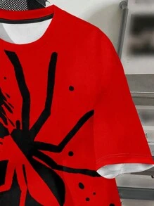 SHEIN 青少年男孩休闲简约时尚经典黑色和红色蜘蛛图案印花圆领短袖 T 恤，适合夏季 - 彩色 - 查看 4