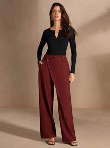 Anewsta Pantalones rectos con bolsillos de unicolor con drapeado asimétrico y cruce envolvente, para ropa de Año Nuevo
