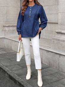 SHEIN LUNE Camisa vaquera casual de cuello redondo con botones delanteros lisos y manga larga