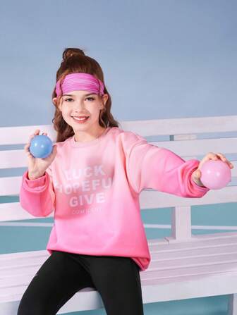 SHEIN Tween Girls Cute Sweet Pink Ombre Thermal Lined Loose Fit Comfortable Fashion Casual Outdoor Sport Hoodie Sweatshirt