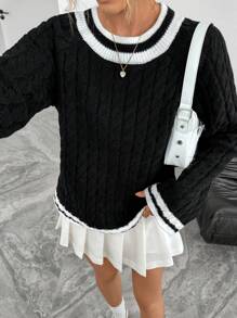 SHEIN LUNE Women Casual Loose Colorblock Ribbed Drawstring Knit Sweater, Round Neck Bell Sleeve Long Pullover Knit Pullover Fall Winter Outfit - Black - View 6