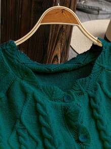 SHEIN LUNE Women Plus Size Open Front Cable Knit Solid Cardigan Short Cardigan, Winter - Dark Green - View 4