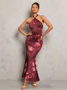 Glamine 优雅性感随机印花针织无袖露背长款鱼尾紧身扭背连衣裙，秋冬装，女士冬装，女士感恩节服装，节日服装，女士优雅连衣裙，复古风，褶皱，俱乐部连衣裙，美拉德风格，酒红色，安可红，勃艮第红，玫瑰印花，女士圣诞服装，女士度假服装，女士生日礼服，女士音乐会服装，Fairycore，返校节礼服 - 棕色 - 查看 3