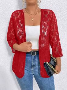 SHEIN LUNE Áo khoác ren hoa cỡ lớn cho nữ tay 3/4 hở phía trước thanh lịch, quần áo mùa thu cho năm mới - Đỏ - Xem 1