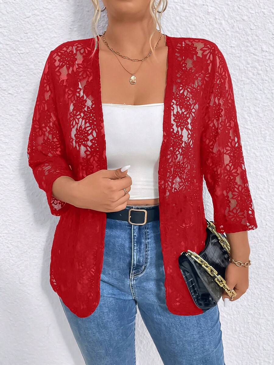 SHEIN LUNE Áo khoác ren hoa cỡ lớn cho nữ tay 3/4 hở phía trước thanh lịch, quần áo mùa thu cho năm mới - Đỏ - Xem 1