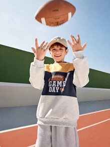 SHEIN Sudadera con cuello redondo de manga larga y costilla para niños preadolescentes, con estampado de secciones, forrada térmicamente, ropa deportiva cálida para exteriores - Multicolor - Ver 5