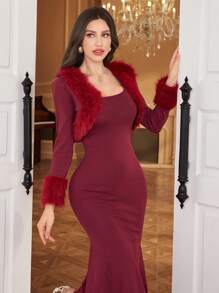 Modelyn 2pcs Women's Waist Fitted Mermaid Hem Fluffy Collar Sweater Set 2 Pieces Set - Red Violet - View 6