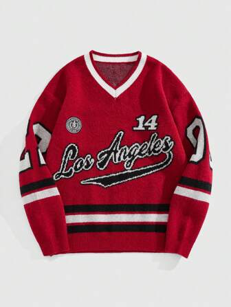 Prep Jersey casual de hombre con diseño de letras y números de elemento deportivo para otoño/invierno
