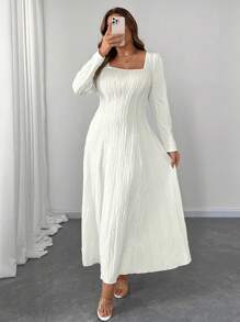 Elenzga 大码女式纯色方领长袖连衣裙，优雅的秋季长款女装 - 白色 - 查看 4