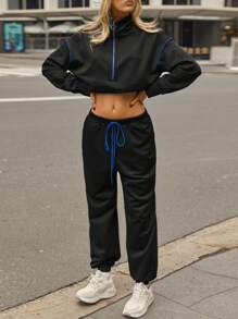 Tropiluxe 2pcs/Set Women Contrast Trim Zip-Up Long Sleeve Top & Drawstring Long Pants Casual Suit Tracksuit For Sport Wear