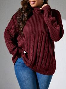 SHEIN LUNE 大码女式纯色落肩长袖休闲高领毛衣，秋冬季，圣诞节 - 酒紅色 - 查看 1