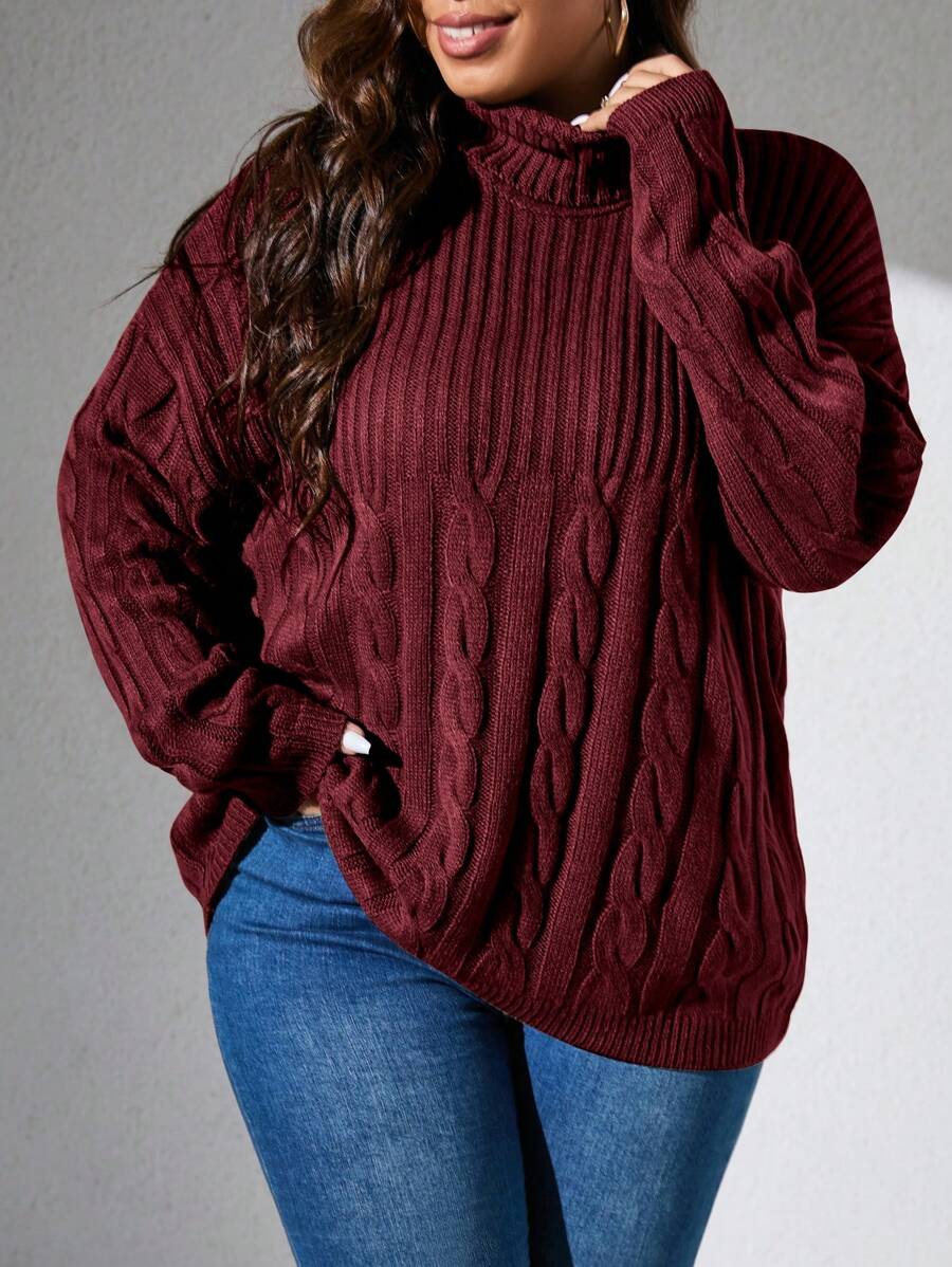 SHEIN LUNE 大码女式纯色落肩长袖休闲高领毛衣，秋冬季，圣诞节 - 酒紅色 - 查看 1