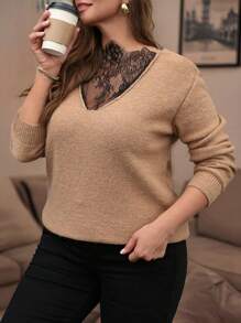 SHEIN Clasi 大码女式简约撞色蕾丝套头衫，适合万圣节、新年、情人节、感恩节、圣诞节、复活节、庆典、除夕、秋冬季