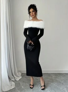 Rafferiza 露肩毛绒紧身长袖连衣裙长款女装 - 黑色 - 查看 5