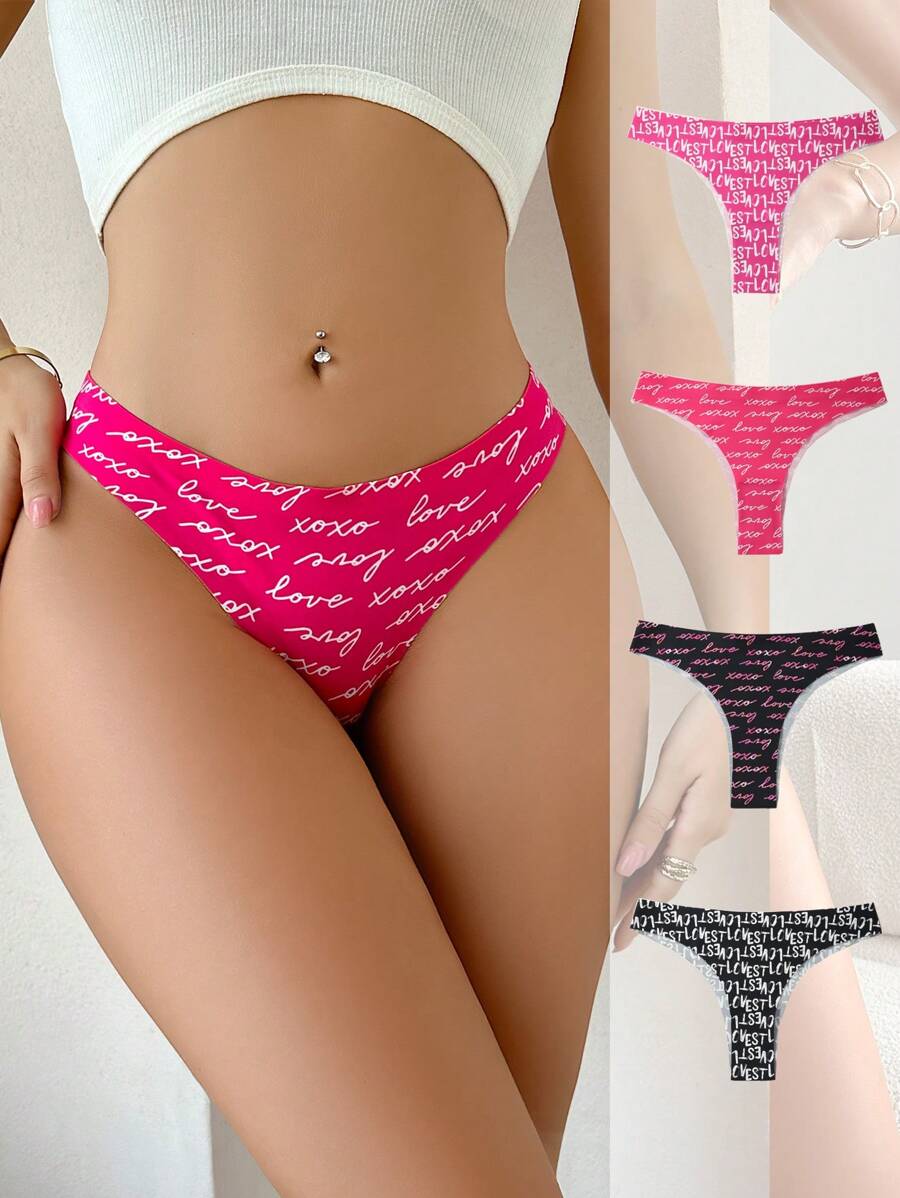 4 件女士字母印花无缝内裤套装 - 彩色 - 查看 1