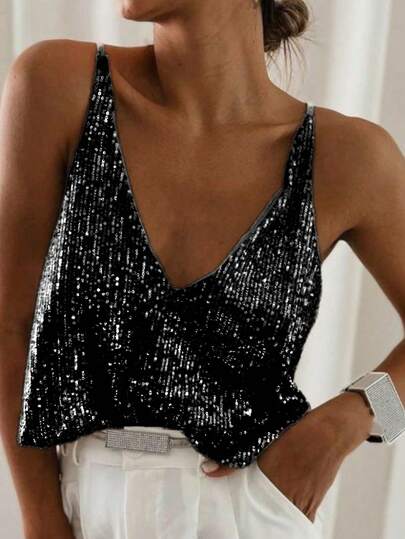 Chiquease Damska koszulka bez rękawów z dekoltem w serek i cekinami, codzienny strój na imprezę świąteczną