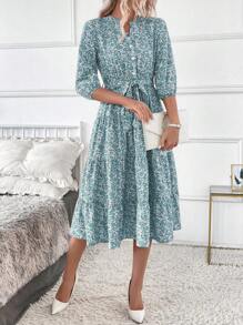 SHEIN Clasi 女式长立领碎花连衣裙 长款女装 - 藍色 - 查看 3