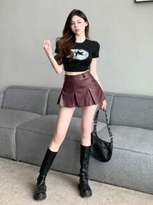 DAZY 女士情人节红色百褶PU皮裙 秋季裙装 皮裙 - 酒紅色 - 查看 2