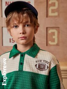 SHEIN 2pcs/Set Boys Colorblock City Design Long Sleeve Polo Sweatshirt & Matching Pants, Casual Sports Outfit, Suitable For Outdoor, School And Daily Occasions