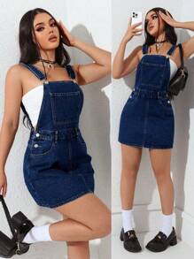SHEIN EZwear Women Wide Strap Button Pocket Simple Casual Denim Jumpsuit Dress