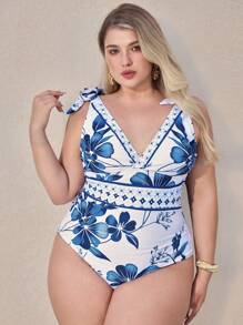 Swim Oasis Plus Size Women's Summer Beach Vacation Blue Floral Print Off-Shoulder One Piece Swimsuit With Skirt Coverup Set, High-End 2 Pieces Outfit - Multicolor - View 6