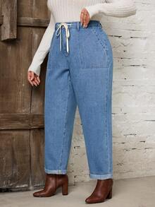 SHEIN LUNE Plus Size Women Drawstring Waist Pockets Straight Leg Loose Casual Denim Jeans - Light Wash - View 4