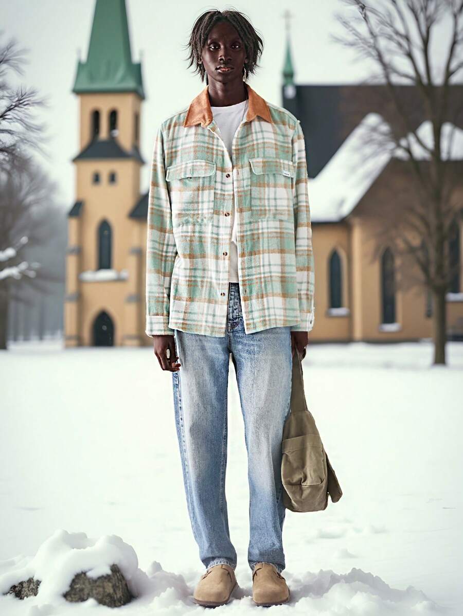 Manfinity VCAY 男士梭织时尚休闲格子拼接宽松长袖羊毛夹克，适合秋冬 - 彩色 - 查看 1