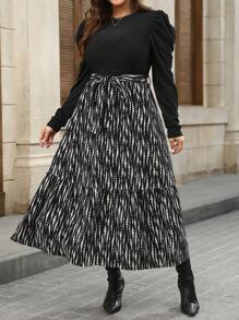 SHEIN LUNE Vestido de manga larga con cuello redondo, manga raglan, bloqueo de color y detalle de moño para tallas grandes