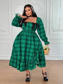 Lyrianda Vestido midi de manga abullonada, tipo fluido, con lazo a la cintura y estampado de cuadros verdes para mujer de talla grande