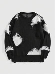 ROMWE MEN Street Life Men's Crew Neck Long Sleeve Color Block Patchwork Casual Pullover Sweater - Black - View 1