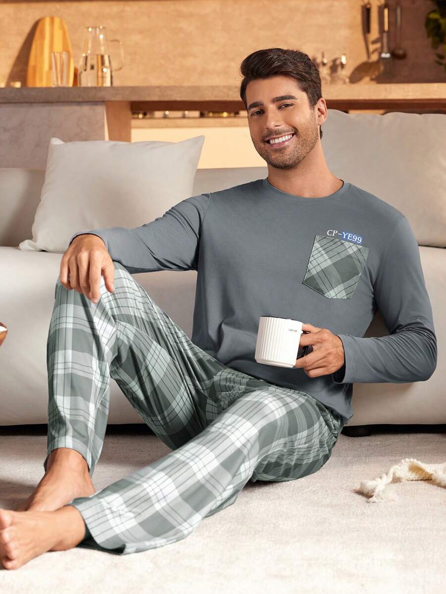 Manfinity Underwear&Sleepwear Basics Bộ 2 món/Bộ quần áo kẻ caro chắp vá thường ngày cho nam, mặc ở nhà, mùa thu - Màu xám đen - Xem 1