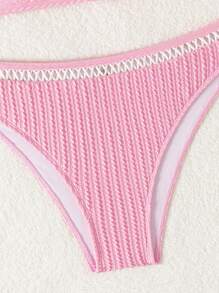Swim Mod Textured Fabric Mesh Panel Triangle Bikinis Set With Adjustable Straps, Sexy For Beach & Holiday Summer - Pink - View 4