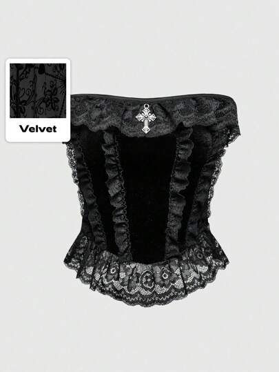 Goth Top tipo bustier de estilo vintage gótico de palacio con encaje, patchwork y terciopelo cruzado, tallas grandes para mujeres