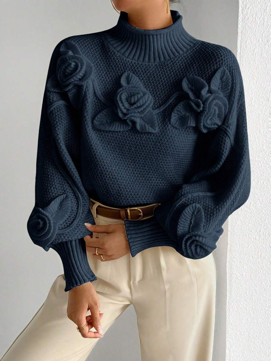 RosyDaze Floral Applique Solid Color High Neck Elegant Long Sleeve Pullover Sweater Knit Pullover Fall Winter - Navy Blue - View 1