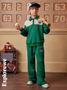 SHEIN 2pcs/Set Boys Colorblock City Design Long Sleeve Polo Sweatshirt & Matching Pants, Casual Sports Outfit, Suitable For Outdoor, School And Daily Occasions