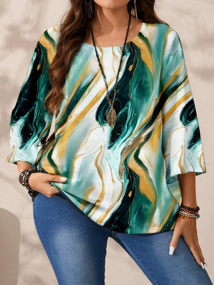 Plus Size Women Casual Water Wave Full Print Round Neck Loose 3/4 Sleeve Shirt, ,Spring/Summer/Vacation