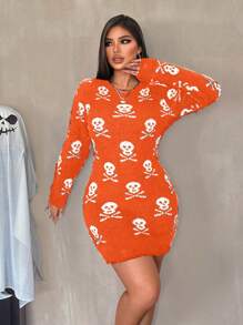 Zolique New Halloween Skull Print Bodycon Fuzzy Ripped Crew Neck Long Sleeve Sweater Dress Fall Cloth For Women - Orange - View 5