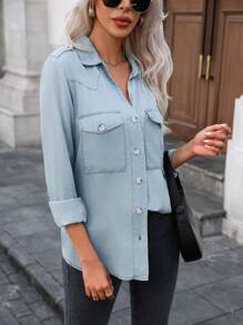 Women's Long Sleeve Single-Breasted Cargo Pocket Casual Shirt, Autumn