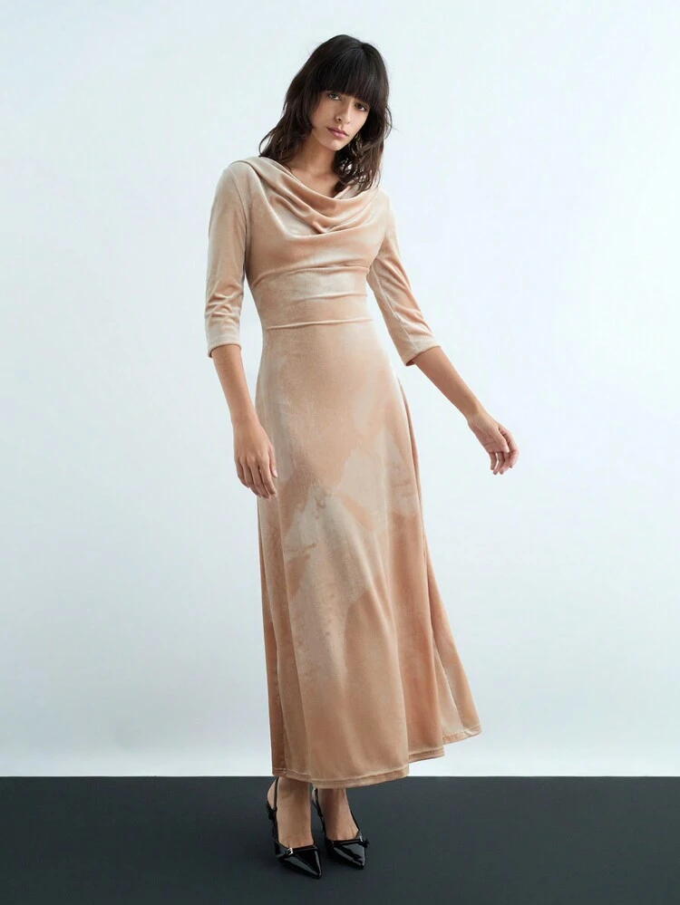 SHEIN Maija New Autumn/Winter Urban Elegant & Chic Casual Women Champagne Color Long Midi Dress With Flared Sleeves & Draped Neck, Suitable For Holiday & Party Wear
