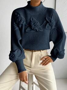 RosyDaze Floral Applique Solid Color High Neck Elegant Long Sleeve Pullover Sweater Knit Pullover Fall Winter - Navy Blue - View 7
