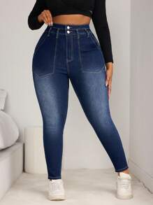 SHEIN SXY Plus Size Elastic Denim Jeans With Double Waistband Design, Skinny Fit - Dark Wash - View 1