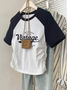 SHEIN New Style Slimming Color Blocking Pleated Insert Sleeve Short Sleeve Women T-Shirt Graphic Tees Women Tops