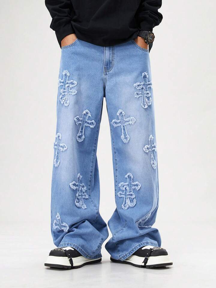 Our Street Life Men's Casual Distressed Crossover Patch Denim