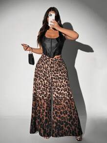 Viva Relle 大码女式高腰阔腿时尚渐变色豹纹印花裤 - 棕色 - 查看 5