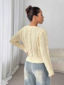 Flirla Damen V-Ausschnitt Langarm Lässig Strickpullover, einfarbig, Herbst/Winter Strickpullover - Weiss - Übersicht 2