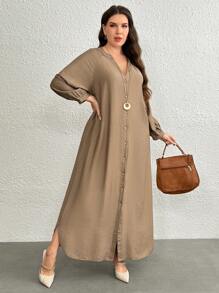SHEIN LUNE Vestido casual largo de manga larga con botones frontales y escote en V de unicolor para mujer de talla grande